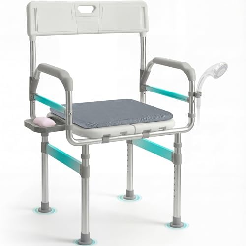 Duschstuhl klappbar Senioren mit Armlehnen, Duschkissen, bis 200 kg, XXL | Duschhocker mit Rückenlehne, 6-fach höhenverstellbar, extra breite Sitzfläche, erhöhte Sitzhöhe für Dusche und Badewanne
