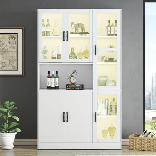 kozamas Vitrine Hochschrank 200 cm mit LED-Beleuchtung & USB-Anschluss, Kombination aus Acryl- & Holztüren, Standvitrine mit 4 verstellbaren Einlegeböden, Wohnzimmerschrank für Bücher