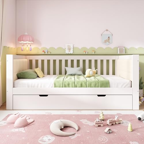 Easexcy Tagesbett 90x200 cm mit Ausziehbett 90x190, Holz, Weiß, Ideal für kleine Apartments oder Gästezimmer, Lattenrost, Einfache Montage (Ohne Matratze)(White-1, 90x200 cm)