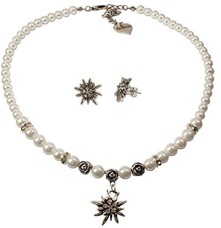 Alpenflüstern Trachtenschmuck-Set Perlen-Trachtenkette und Ohrstecker Strass-Edelweiß - Damen-Trachten-Schmuck, Trachtenset Dirndl-Kette und Trachten-Ohrringe Creme-weiß SET010