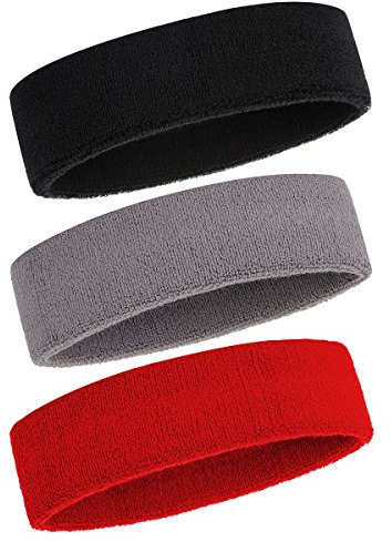 ONUPGO Schweißband Stirnband für Männer & Frauen - 3PCS Sports Stirnbänder Feuchtigkeitstransport Athletic Cotton Terry Cloth Schweißband Schweißabsorbierende Kopfband (Black/Grey/Red)
