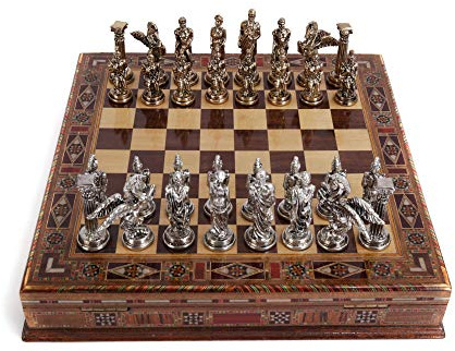 Mythologisches Schachspiel aus Metall, mittelgroß, für Erwachsene, handgefertigte Stücke und Schachbrett aus natürlichem Massivholz, mit Aufbewahrung im Inneren King 8 cm