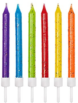 Anniversary House Pack of 12 Mix Multicolour Glitter Birthday Candles with Holders, 7.5 Centimeters, Celebration Cake Decoration, AHC221, Rainbow Brights