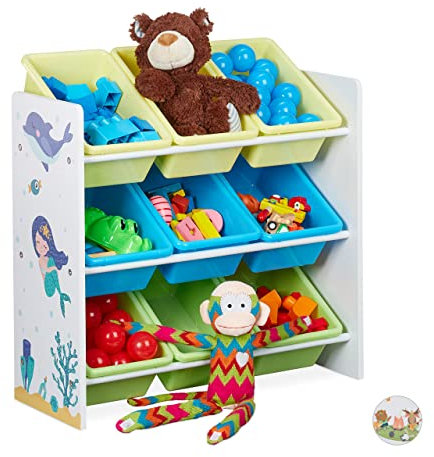 Relaxdays Kinderregal, 9 Aufbewahrungsboxen, Meerjungfrau Motiv, MDF, Kunststoff, Spielzeugregal HBT 67x65x31,5 cm, bunt