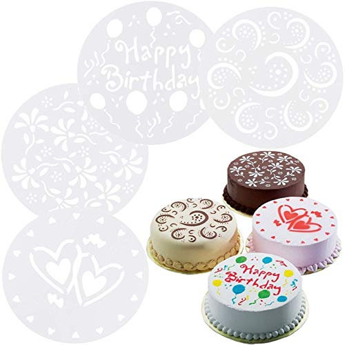 Uhat Pack 4 Variety Cake Stencil Template Reusable 7.7inch Birthday Heart Flower Spirals Decorating Mold Tool Screen Printing Film Tiramisu Spray Mode