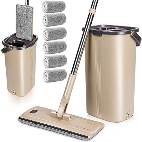MASTERTOP Balai Microfibre et Seau Essoreur, Serpillière Plat Rotatif 360° et Seau Auto-Lavage, Vadrouille de Mains Libre pour Nettoyage de Sol, avec 6 Serpillières Réutilisables (Beige)