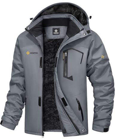 GEMYSE Herren Wasserdichte Berg-Skijacke Winddichte Fleece Outdoor-Winterjacke mit Kapuze (Grau,M)