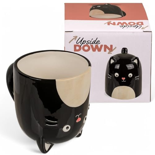 MIJOMA Upside-Down-Mug Kopfüber-Tasse – Lustiger Kaffeebecher aus Keramik – Umgedrehter Henkelbecher für Kaffee & Tee – 500 ml (Katze)