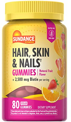 Sundance Hair, Skin, and Nails Gummies with Biotin | 2500 mcg | 80 Count | Fruit Flavor Vitamin | Vegan, Non-GMO & Gluten Free Supplement