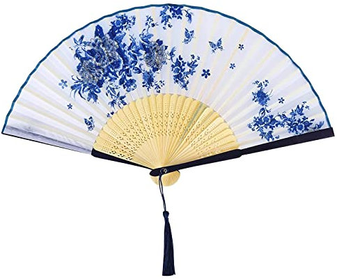 Yukiyi Handfächer für Damen, faltbar, Bambus-Fächer mit Quaste, Seidenstoff, Wanddekoration, Hochzeit, Party (Weiß1)