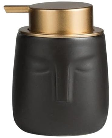Unique Modern Soap Dispenser, Face-Shaped Ceramic Bottle with Rust Proof Gold Matte Pump, Decorative Lotion Dispenser for Bathroom or Kitchen (Black)