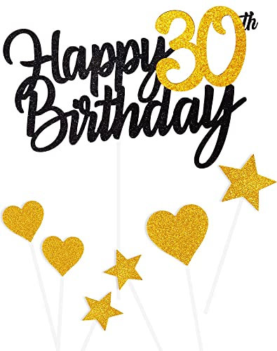 Tortendeko 30 Geburtstag Schwarz Junge Mädchen, 7Stück 30.Kuchendeko Geburtstag Schwarz Gold, Happy 30 Birthday Deko Torte Kuchen Deko Cake Topper für 30 Geburstagstorte Deko Jungen Mädchen Mann Frau