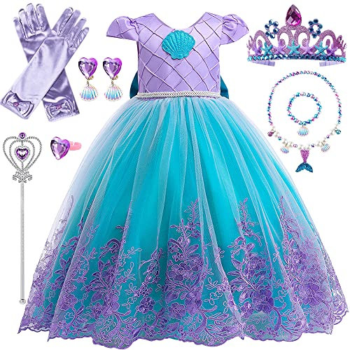 TOLOYE Mermaid Costume Kids, Mermaid Dress for Girls, Princess Fancy Dress with Crown Magic Wand Necklace Set for Cosplay Birthday Party Halloween Bridesmaid Costume 3-4 Years