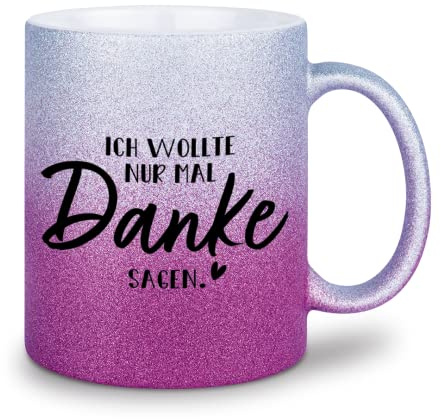 glitzertassen.de® | Ich wollte nur mal Danke sagen | Tasse mit Glitzer | Geschenkidee | Muttertag | Lieblingsmenschen | Danke | Kaffeebecher | Keramik | 330 ml | Silberviolett