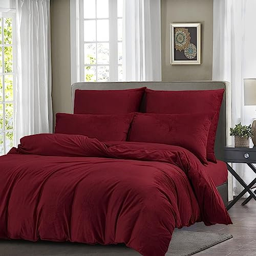 Boqingzhu Biber Bettwäsche 220×240cm Plüsch Rot Weinrot Flanell Winter Warm Kuschelig Flauschig Bettwäsche Teddy Fleece Samt Cashmere Touch Bettbezug 220×240cm mit Reißverschluss