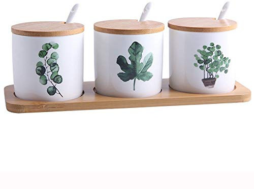 TONZN Juego de Tres Compartimentos de Tarro de cerámica para condimentos con Base de bambú, Aceite doméstico y salero, Suministros de Cocina creativos nórdicos