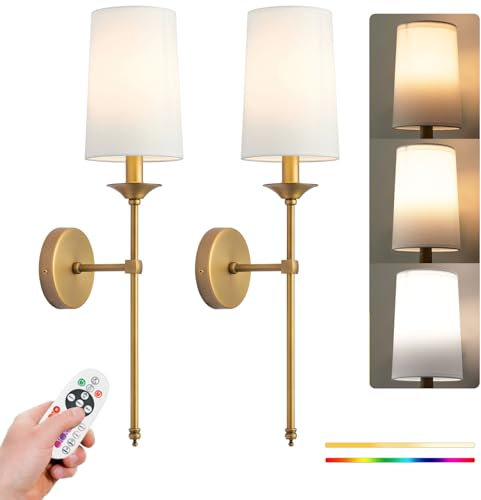PASSICA DECOR Battery Operated Wall Sconce Set of Two,Modern with Remote Control Dimmable Wall Lighting Indoor, Not Hardwired Led Wall Lamp Fixtures for Bedroom, Bulb Included…
