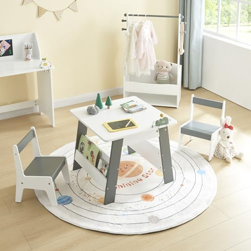 Panana Wooden Kids' Children's Table with 2 Chairs Stools for Preschoolers Boys and Girls Activity Build & Play Table Chair Set (With Bookshelf Style)