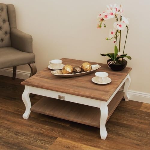 LEBENSwohnART Landhaus Couchtisch mit Ablage Adria Weiss-braun 80cm Sofatisch Bicolor