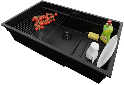 Lavello sottotop Tutto Nero 76x47cm, Lavandino da Cucina a 1 vasca + Sifone Classico + Scolapasta avvolgibile, Lavabo da Cucina al mobile 80cm - Prague di Primagran