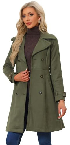 Allegra K Damen Trenchcoat Wildlederimitat Gekerbtem Revers Manschetten Zweireihig Bindegürtel Mantel Armeegrün L