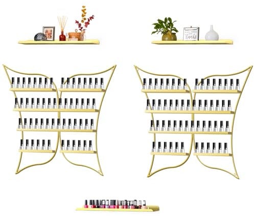 Kalolary Butterfly Metal Wall Mounted Nail Polish Storage Racks, Gold Display Rack Cosmetic Display Cases Lipstick Perfume Wall Shelf Essential Oil Organizers for Home Spa Nail Salon Shop