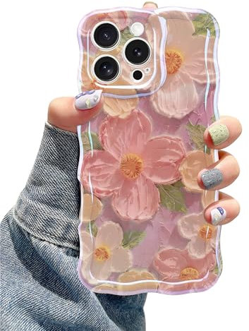 Jusy Case for iPhone 11 Pro Max, Colorful Retro Oil Painting Printed Flower Laser Blue Glossy Pattern Cute Curly Wave Phone Case Soft TPU Cover for Girly Women -Pink