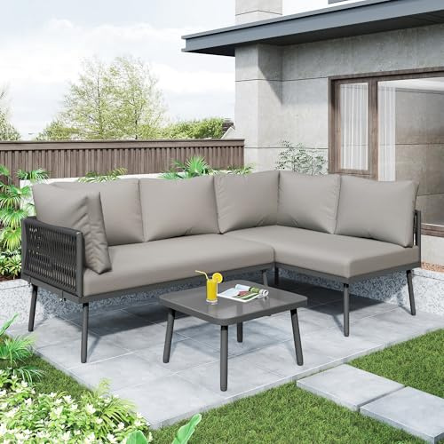 Merax Gartenmöbel Set, Balkonmöbel Gartenlounge Set für 3-4 Personen, Tisch & Kissen, L-förmiges Terrassenmöbel, Ecksofa-Set aus Eisen, Lounge Sitzgruppe, Outdoor, für Terrasse, Balkon, Garten, Grau