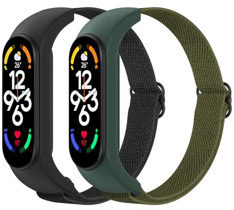 Astorgos 2 Stück Elastisches Nylon Armband Kompatibel mit Xiaomi Mi Band 7/6/5 für Damen Herren, Elastisches Stoff Ersatzarmband Dehnbares Uhrenarmband Sportarmband, Schwarz+Armeegrün