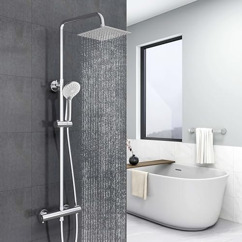 Biubiubath columna de ducha termostática con mezclador termostático, ducha de mano tres funciones, columna de ducha ajustable en altura 735-1170 mm (cuadrado 1)