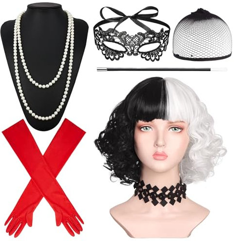 SOETDERT Parrucca Crudelia Demon, Set di Accessori Anni '20, Cruella Parrucca in Bianco e Nero con Guanti Rossi Collana di Pizzo Nero Maschera, Cruella Costume per Halloween, Carnevale, Cosplay