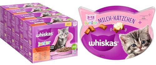 Whiskas Junior Nassfutter Klassische Auswahl in Sauce, 48x85g, für Katzen von 2-12 Monaten + Whiskas Junior Milch Katzensnacks, 6x55g