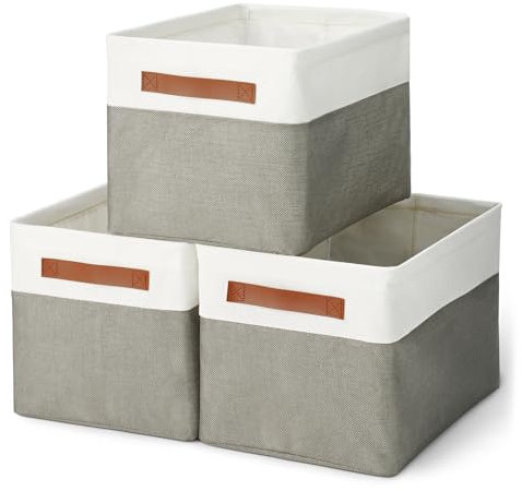 Amazon Basics Collapsible Storage Bins with Leather Handles, Charcoal, Large, Pack of 3
