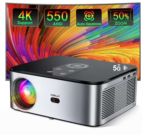 Beamer, HORLAT 25000 Lumen Beamer 4K Heimkino, Native 1080P WiFi Bluetooth Projektor, Auto Trapezkorrektur, 50% Zoom Projektor, Android TV mit Prime Video/YouTube, Smart Beamer (Silber schwarz2)