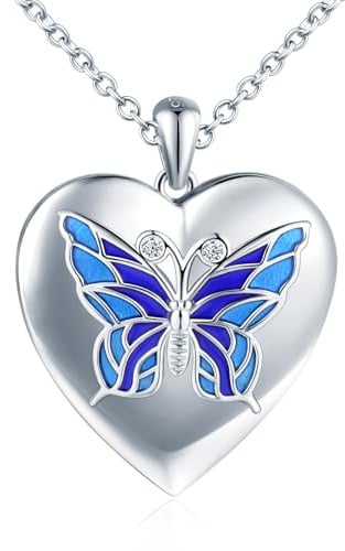 MICMIF Foto Kette Herz Medaillon Schmetterling Damen Silber 925 Halskette Personalisierte für Frauen Mädchen Amulett Medaillon zum Öffnen für 2 Bilder Anhänger mit Kette 45+5cm
