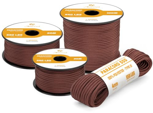 Abma Cord Paracord 4mm 30m Cuerda Paracord 550 Tipo III 7 Hebras para Al Aire Libre, Supervivencia, Camping, Bricolaje - MAX. 250 kg - Marrón Chocolate