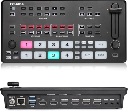 FoMaKo M1 4K HDMI Video Mixer Switcher, 5-Kanal Live Streaming Switcher, 4K 60FPS Eingang, 1080p 60FPS Ausgang, unterstützt PTZ-Controller