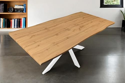 SAM Esstisch Josy | 180 x 90 cm | Holz Wildeiche-Optik | Spider-Gestell Metall Weiß | 40 mm Tischplatte mit Baumkante | Tisch für Esszimmer & Küche