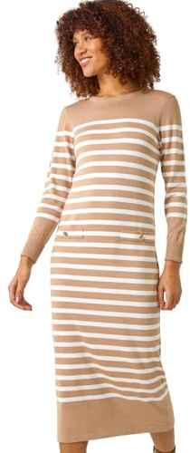 Roman Striped High Neck Knit Bodycon Midi Dress for Women UK - Ladies Autumn Everyday Winter Holiday Long Sleeve Soft Woven Fabric Comfy Office Frock Desk Gowns