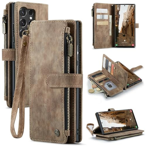 UEEBAI Handyhülle für Samsung Galaxy S25 Ultra 5G, Retro Reißverschluss Hülle PU Leder Weiche Klapphülle Magnetverschluss Kartenfach Standfunktion Geldbörse mit Trageband Schutzhülle, Braun