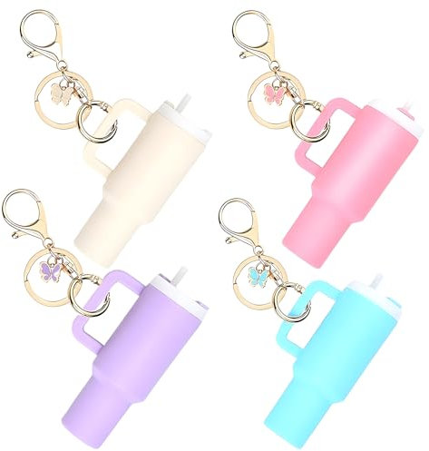 Yistoi 4 Stück Keychain, Mini Cup Schlüsselanhänger, Mini Stanley Cup Schlüsselanhänger, Mama Geschenk, Stilvoll und Farbenfroh, für Handtaschen, Rucksäcke (Rosa, Blau, Lavendel, Cremeweiß)