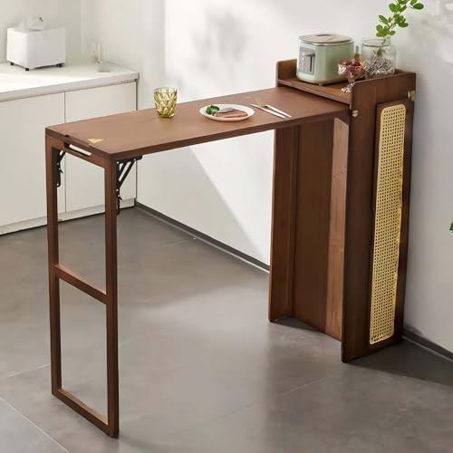 GAOCUNBING Klappbarer Bartisch, erweiterbarer Esstisch mit Barhocker, 2-in-1-Organizer, Weinaufbewahrungsschrank, Theke mit Ablagen für Wohnzimmer, Küche, Walnuss