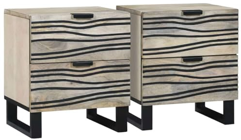 vidaXL Bedside Cabinet 2 pcs White and black 40 x 33 x 46 cm, Durable Bedroom Storage, Rustic Nightstand Table, Solid Mango Wood Furniture, Industrial Style Bedside Essentials