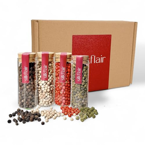 Silkflair – Set 4 Pepi Gourmet in Grani | Pepe Nero e Bianco di Ceylon, Pepe Rosa, Pepe Verde | Box Spezie da Cucina | Idea Regalo Cucina | Mix di Pepi Naturali