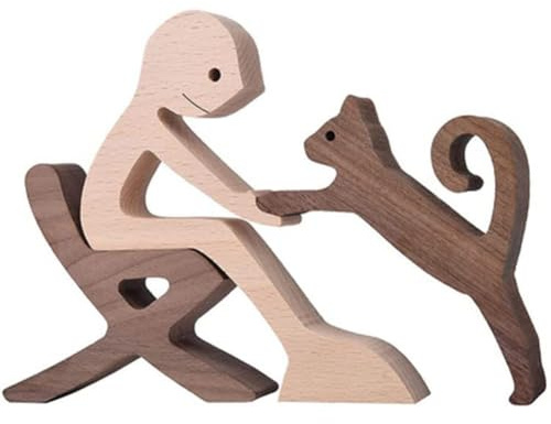Flaroey Wooden Family Statue, Handmade Wooden Statue, Pet Carved Wood Sculpture Desktop Decor Bedroom Home Office Decor Gift B