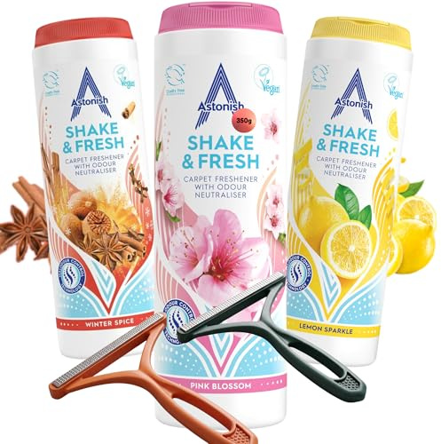 Shake and Fresh Carpet Cleaner Powder Bundle – Pet Odour Remover for Carpets & Rugs | 3x Fresh Scent Powders + 2x Lint Removers | Eliminates Smells & Refreshes Home