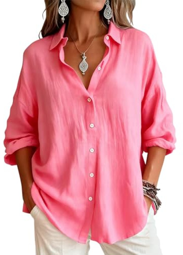 Onsoyours Camicia Estiva Donna Blusa Lino Elegante Manica Lunga con Scollo a V Button Down Camicetta Tinta Unita Classico Top