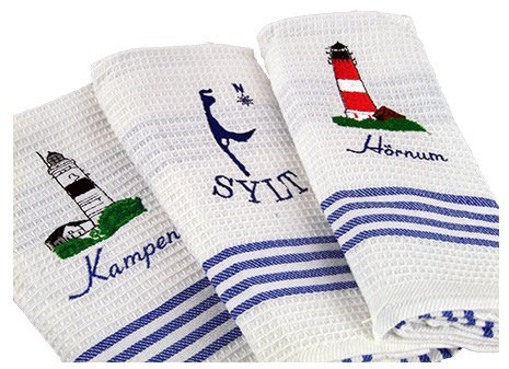osters muschel-sammler-shop 3er Geschirrtuch Set mit Sylter Motiven/Sylt/Nordsee/Maritim/Meer/Wasser/Boot/Schiff/Sylt- Geschenk- Artikel