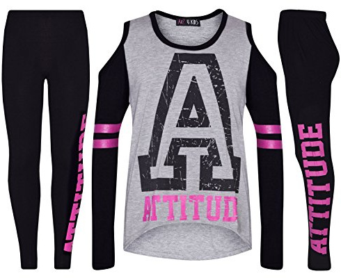 A2Z 4 Kids Attitude Shoulders Top Leggings Set Long Sleeves T Shirt Summer Outfit Two Piece Activewear Girls Age 5-13 Years