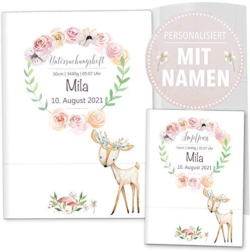 OLGS Personalisierbares U-Heft und Impfpasshüllen 3-teiliges Set Cute Boho Untersuchungsheft Hülle & Impfpasshülle mit Namen und Geburtsdatum (Uhefthüllen personalisiert, Reh)